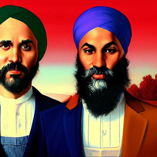 Image similar to Justin Trudeau and Jagmeet Singh in the american gothic painting, concept art, sharp focus, highly detailed digital painting by Grant Wood, artstation