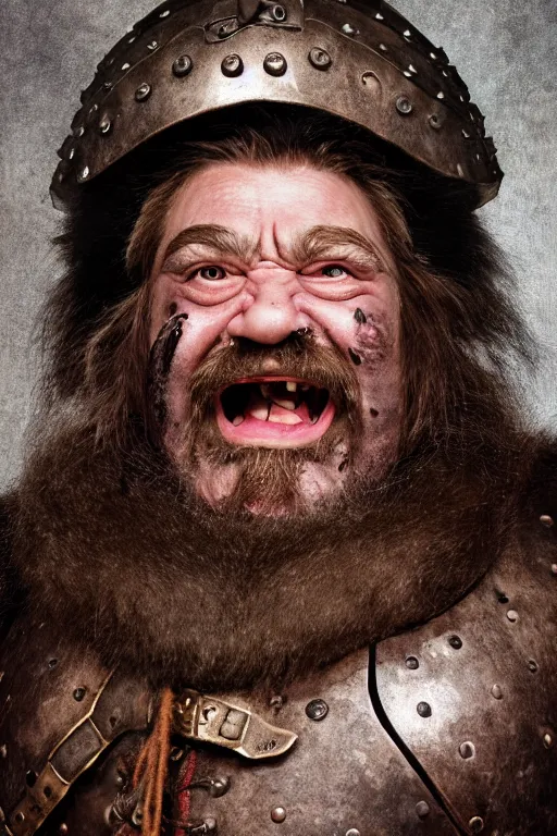 Prompt: head and shoulders portrait in a tavern of a dwarf adventurer, jovial, scarred lip, grandfatherly, leather armor, male, high fantasy, d & d, by annie liebovitz, face details, extremely detailed, photo