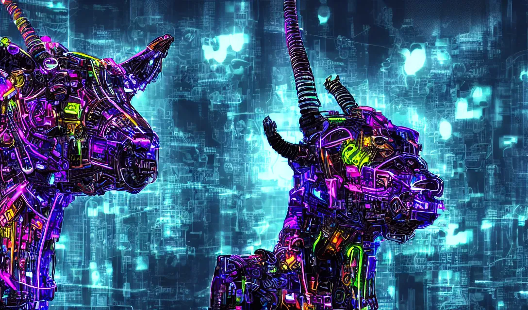 Image similar to complex cyberpunk machine background merged with evil cybernetic goat head in center focus, multicolored digital art