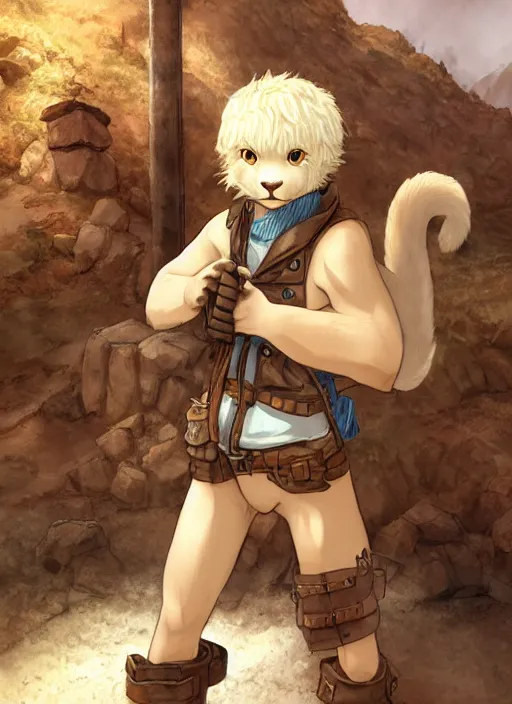 Image similar to character portrait of a (((anthro albino mountain lion))) wearing miner's clothes at the mines. hidari, color page, tankoban, 4K, tone mapping, Akihiko Yoshida.