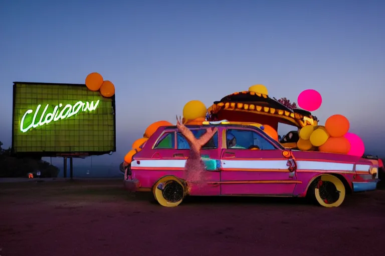 Image similar to clowncar at a california drive in, in 2 0 1 2, cutecore clowncore, bathed in the the glow of the sunset, low - light photograph, in style of tyler mitchell