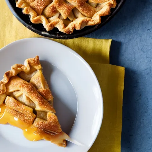 Prompt: crisp apple pie topped with melted cheddar cheese, cookbook photo