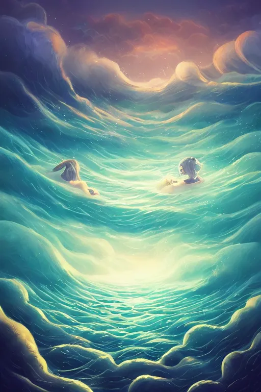 Image similar to beautiful painting of magic and night scape in the ocean with waves and gorgeous sky, inspired by Cyril Rolando, David Wiesner, ornate, intricate, emitting light ornaments, trending on artstation, volumetric lighting, CGsociety vivid colors