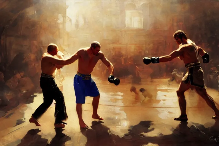 Image similar to jesus christ vs vladimir putinboxing, fighters, fist fight, detailed faces, putin face, in battle by anders zorn, wonderful, masterpiece by greg rutkowski, beautiful cinematic light, by greg manchess, jessica rossier