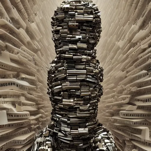 Prompt: by Andrea Chiampo and Frederik Heyman, a pile of robotic figures stacked upon each other, a highly realistic digital representation, an incredibly lifelike figure, great volumetric lighting, hyperrealism, and a fantasy atmosphere, 4k,