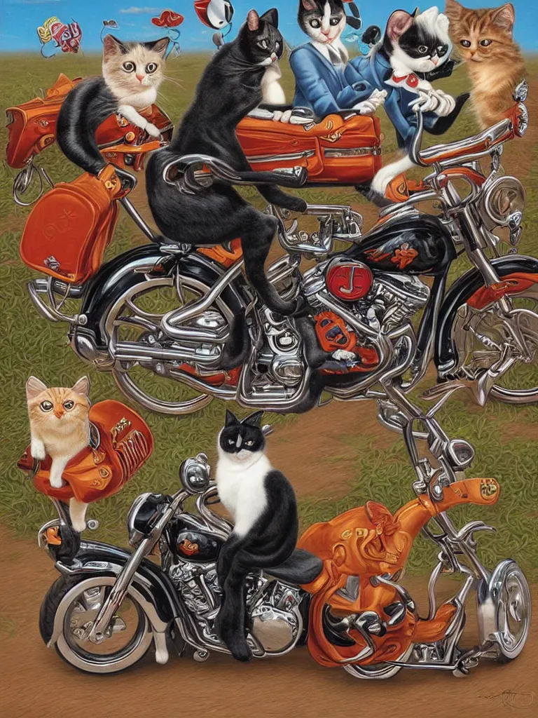 Prompt: a cat portrait riding Harley Davidson Mark Ryden and Alex Gross, Todd Schorr highly detailed