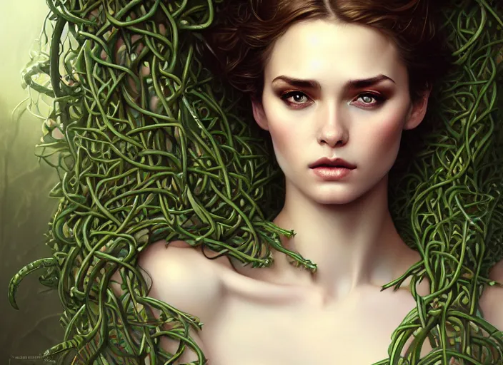 Image similar to highly detailed beautiful woman wrapped up in vines, illustration, full body realistic eyes, artstation, cinematic lighting, hyperdetailed, detailed realistic symmetrical eyes, cgsociety, 8k, high resolution, Charlie Bowater, Tom Bagshaw, Norman Rockwell, insanely detailed and intricate, clean white background