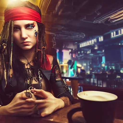 Image similar to a high quality portrait of a beautiful stunning pirate in a cyberpunk cyberpunk cyberpunk cafe, realism, 8k, award winning photo