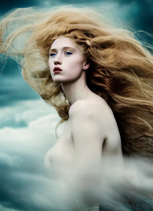 Image similar to cinestill 5 0 d photo of a pre - raphaelite blond beautiful woman, dreamy, hair floating in air in style of paolo roversi, 1 5 0 mm, f 1. 2, emotionally evoking, head in focus, stormy wet clouds outdoor, matt dreamy colour background, volumetric lighting, hyper realistic, ultra detailed