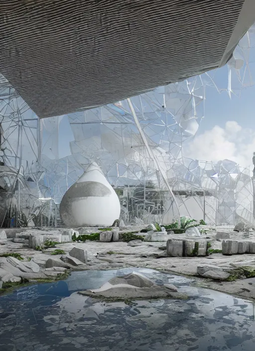 Image similar to virtual art exhibition, architecture installation in biennale venezia, bioremediation white mining tailing futuristic horizontal architecture, epic, cinematic, hyperealistic, high detailed, corona render, hdr, ray tracing