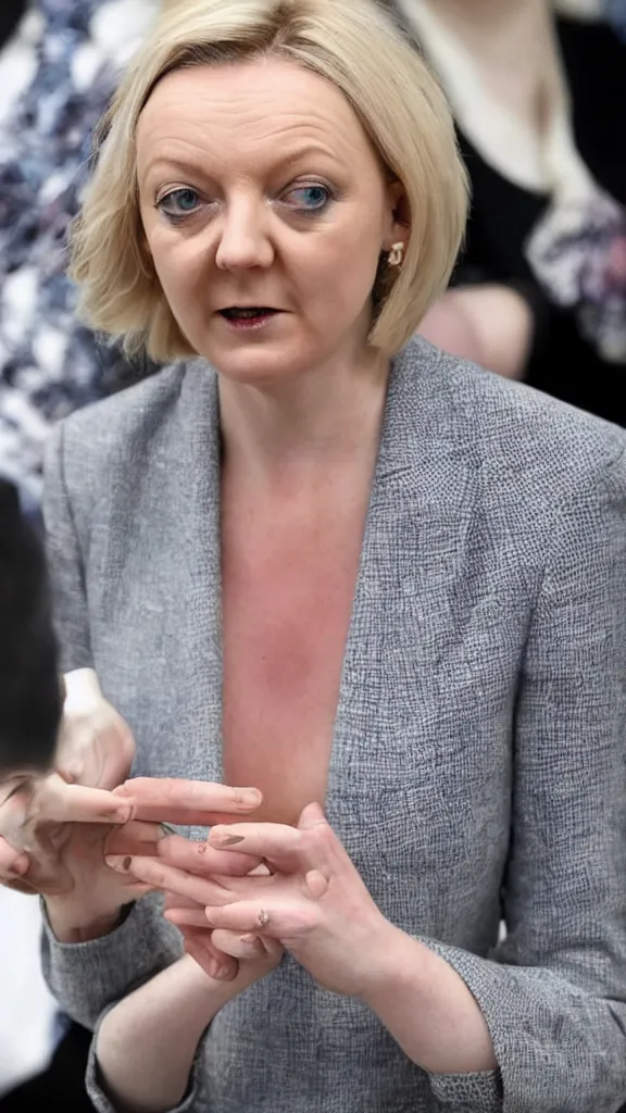 Image similar to liz truss shedding her skin to reveal she's actually a reptile