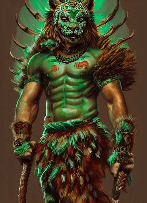 Prompt: a highly detailed illustration of fierce young aztec jaguar warrior boy wearing green jaguar mane, heroic roaring wielding aztec macuahuitl pose, muscular, intricate, elegant, highly detailed, centered, digital painting, artstation, concept art, smooth, sharp focus, league of legends concept art, wlop