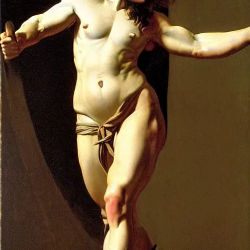 Image similar to muscular female greek warrior, by caravaggio