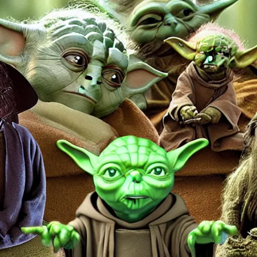 Image similar to Yoda surrounded by other members of his species