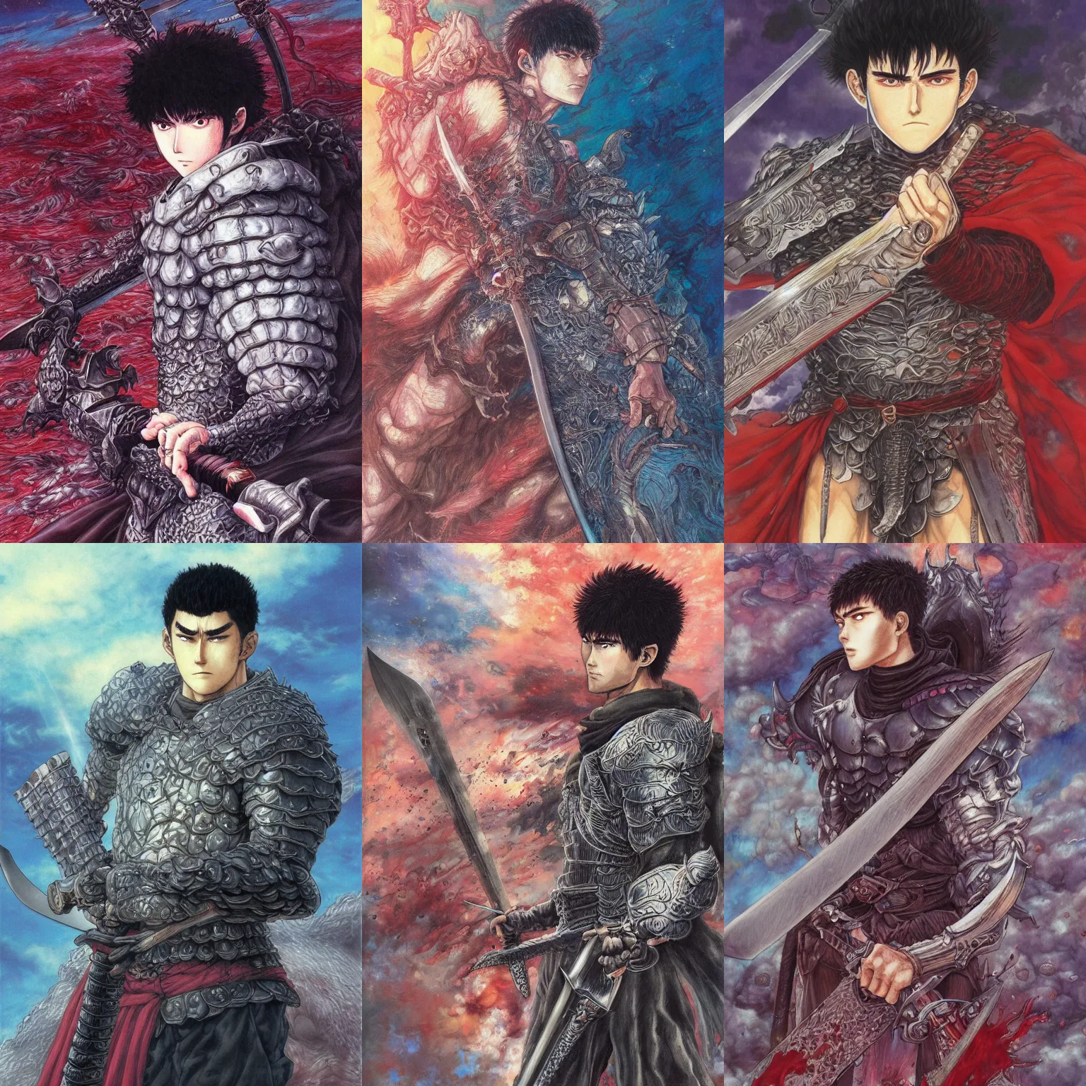 Prompt: extremely detailed portrait of berserk guts holding a giant sword by hikari shimoda, amano, yoshiyuki tomino, moebius, 90-s anime aesthetics, rich fluffy moody colours, ethereal, trending on artstation