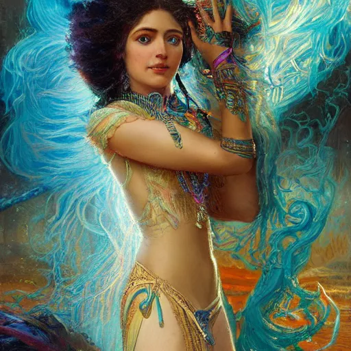 Prompt: artstation, intricate details, hyper details, by gaston bussiere, tan skin sumerian mystic lady of elche, egyptian sumerian features, techno mystic princess intergalactica, with aqua neon rapunzel dreadlocks,