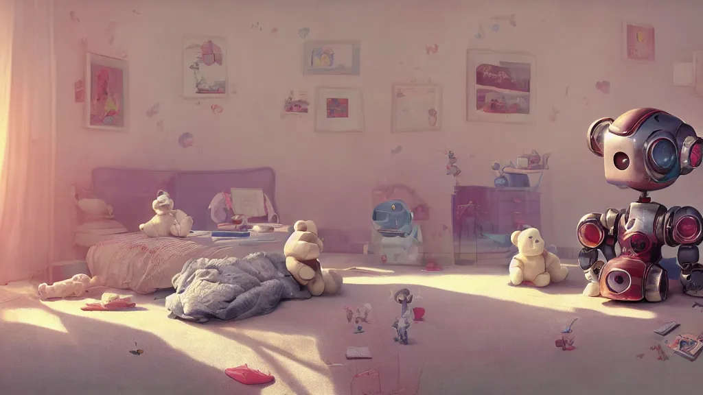 Prompt: a Photorealistic hyperrealistic Low angle view render of a vintage wind up toy robot on the floor of an interior of a beautifully decorated spoiled child's beautiful bedroom with a giant teddy bear sitting on the bed by PIXAR,Greg Rutkowski,WLOP,Artgerm,dramatic moody sunset lighting,long shadows,Volumetric, cinematic atmosphere, Octane Render,Artstation,8k