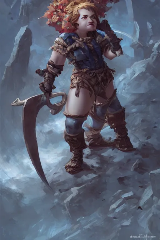 Image similar to portrait of the spring halfling brute wearing stormcraddle (halberd) by artgerm and Craig Mullins, James Jean, Andrey Ryabovichev, Mark Simonetti and Peter Morbacher 16k