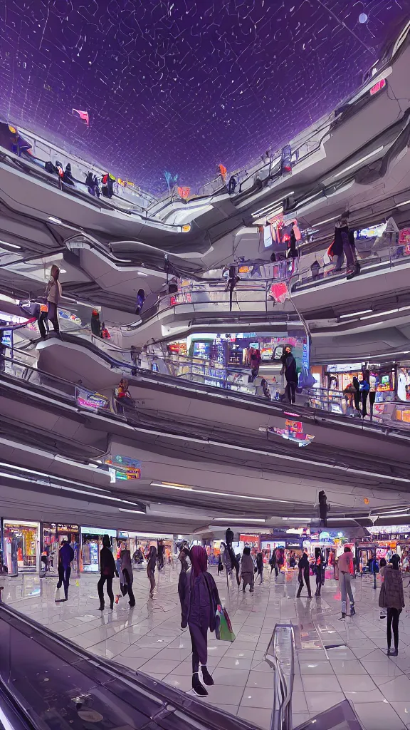 Image similar to interior of pristine intergalactic spaceship, department shopping mall, complex escalator system, futuristic glowing temple with fashion mannequins display, at night and cluster of shopping customers, by makoto shinkai, moebius!, oliver vernon, joseph moncada, damon soule, manabu ikeda, kyle hotz, dan mumford, by kilian eng