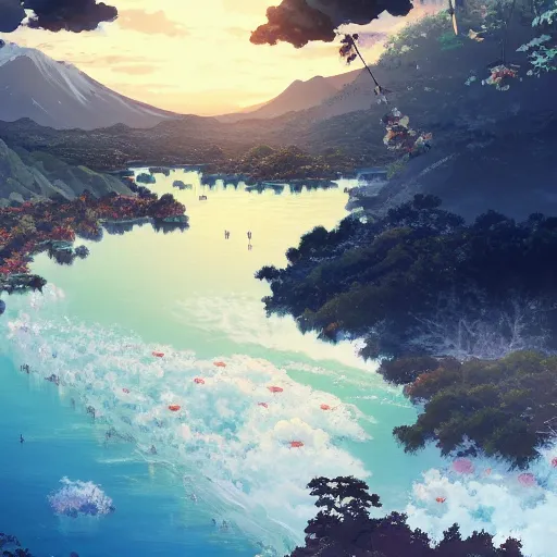 Prompt: A beautiful painting of japan coast with mountains ,Anime ,nature ,illustration, Nature wallpaper, Bright and airy, Aerial, Makoto shinkai ,Trending on artstation