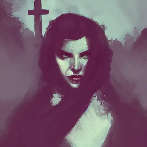 Image similar to shameless woman with impudent facial expression in shadow of church cross, elegant, dark and mysterious, atmospheric, red, trending on artstation, highly detailed, digital painting, volumetric light, concept art, illustration