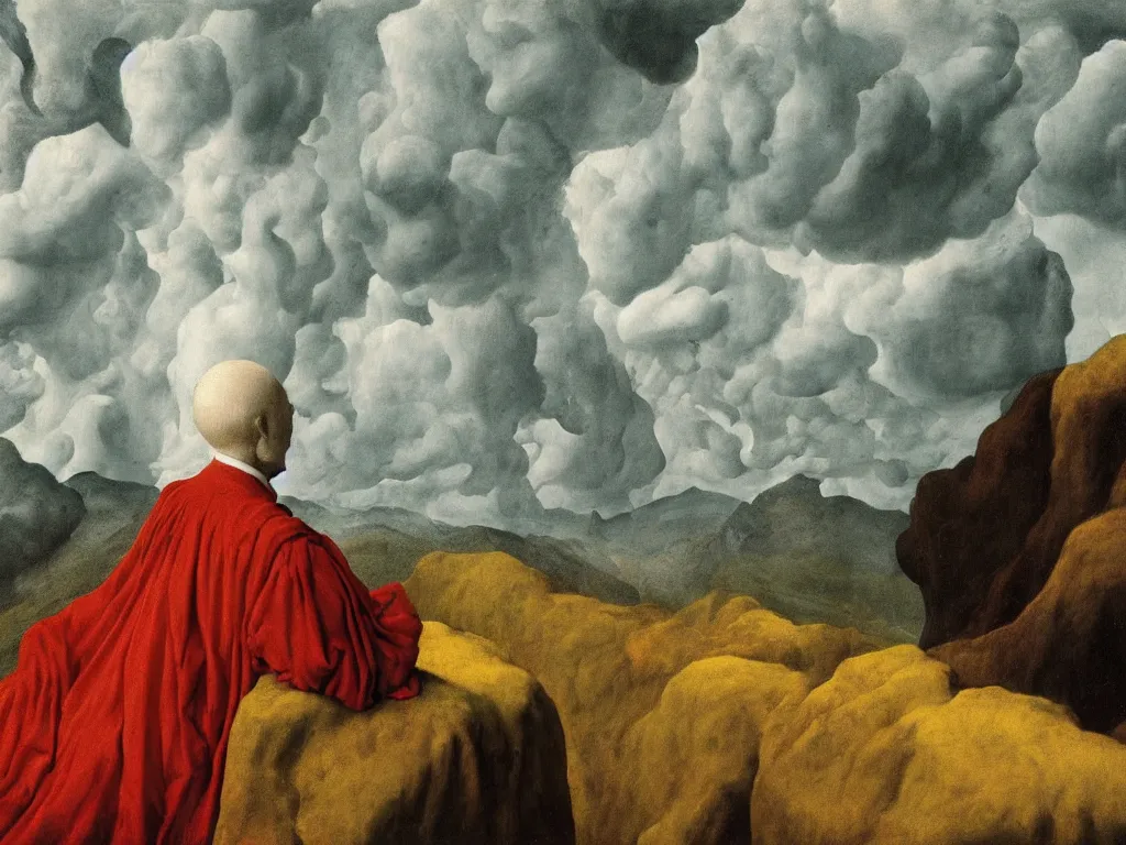 Image similar to albino mystic, with his back turned, looking at a storm over over the mountains in the distance. Painting by Jan van Eyck, Audubon, Rene Magritte, Agnes Pelton, Max Ernst, Walton Ford