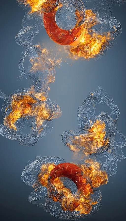 Image similar to 8 k uhd houdini recursive dna structure, background radiant swirling smoke wisps, gold red cream palette, volumetric lighting, 1 8 mm lens