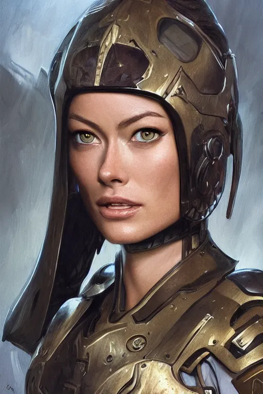 Image similar to a professional painting of a young Olivia Wilde, clothes in military armor, olive skin, long dark hair, beautiful bone structure, symmetrical facial features, intricate, elegant, digital painting, concept art, smooth, sharp focus, illustration, from StarCraft by Ruan Jia and Mandy Jurgens and Artgerm and William-Adolphe Bouguerea