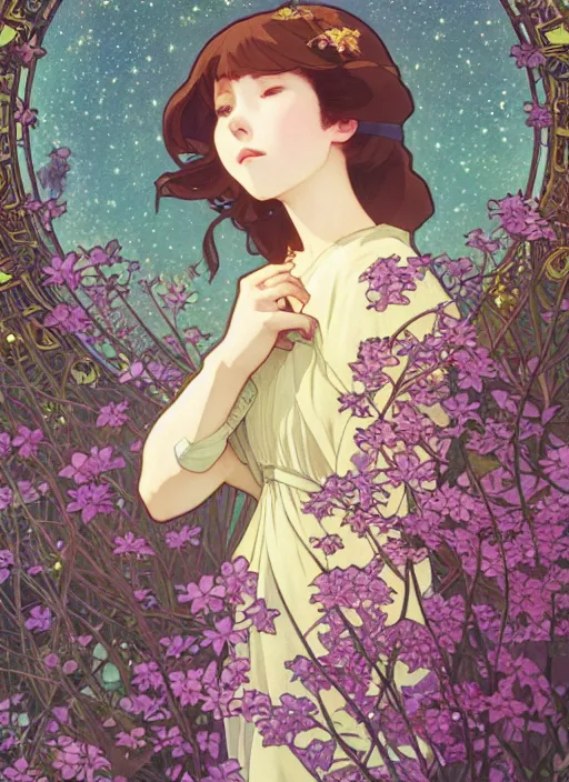 Prompt: a girl staring at the stars in her backyard, path traced, highly detailed, high quality, digital painting, by studio ghibli and alphonse mucha, leesha hannigan, hidari, art nouveau, chiho aoshima, posuka demizu