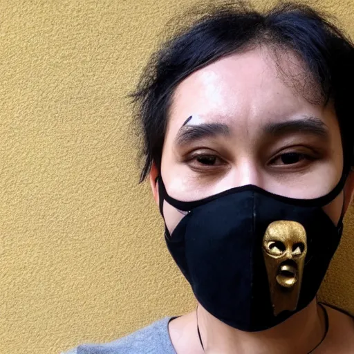 Prompt: an ancient warrior in black wearing a metal face mask