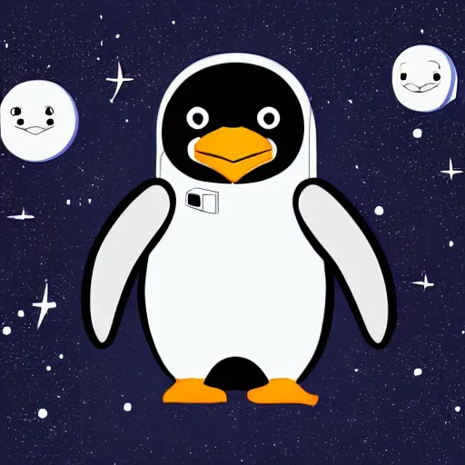 Image similar to cute drawing of a penguin on an astronaut suit, cartoon style