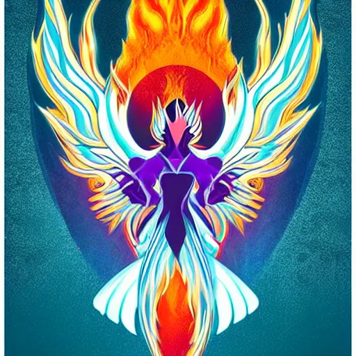 Image similar to white phoenix on flames orange purple background stylised poster art neat graphic design style holistic