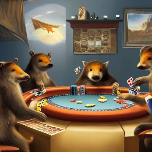 Prompt: matte painting of a honeybadger playing poker against people, the honeybadger is winning