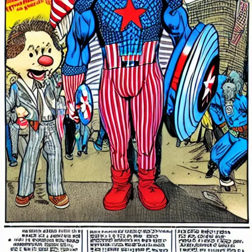 Image similar to The Artwork of R. Crumb and his Cheap Suit Captain America, pencil and colored marker artwork, trailer-trash lifestyle