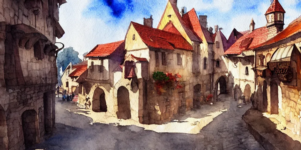 Image similar to medieval town, summer morning light, watercolor painting, trending on artstation, hq, deviantart, art by artgem