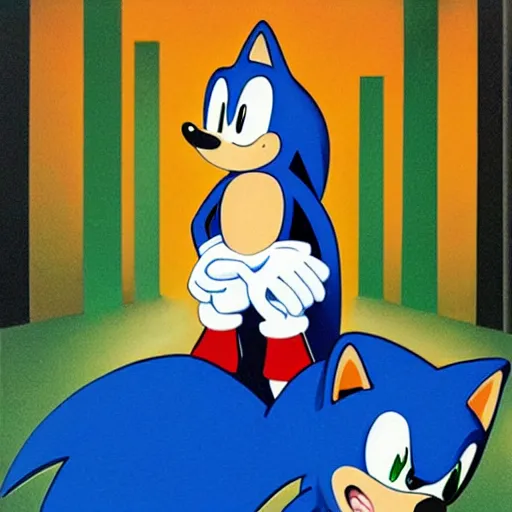 Prompt: sonic the hedgehog, painted by rene magritte, highly detailed