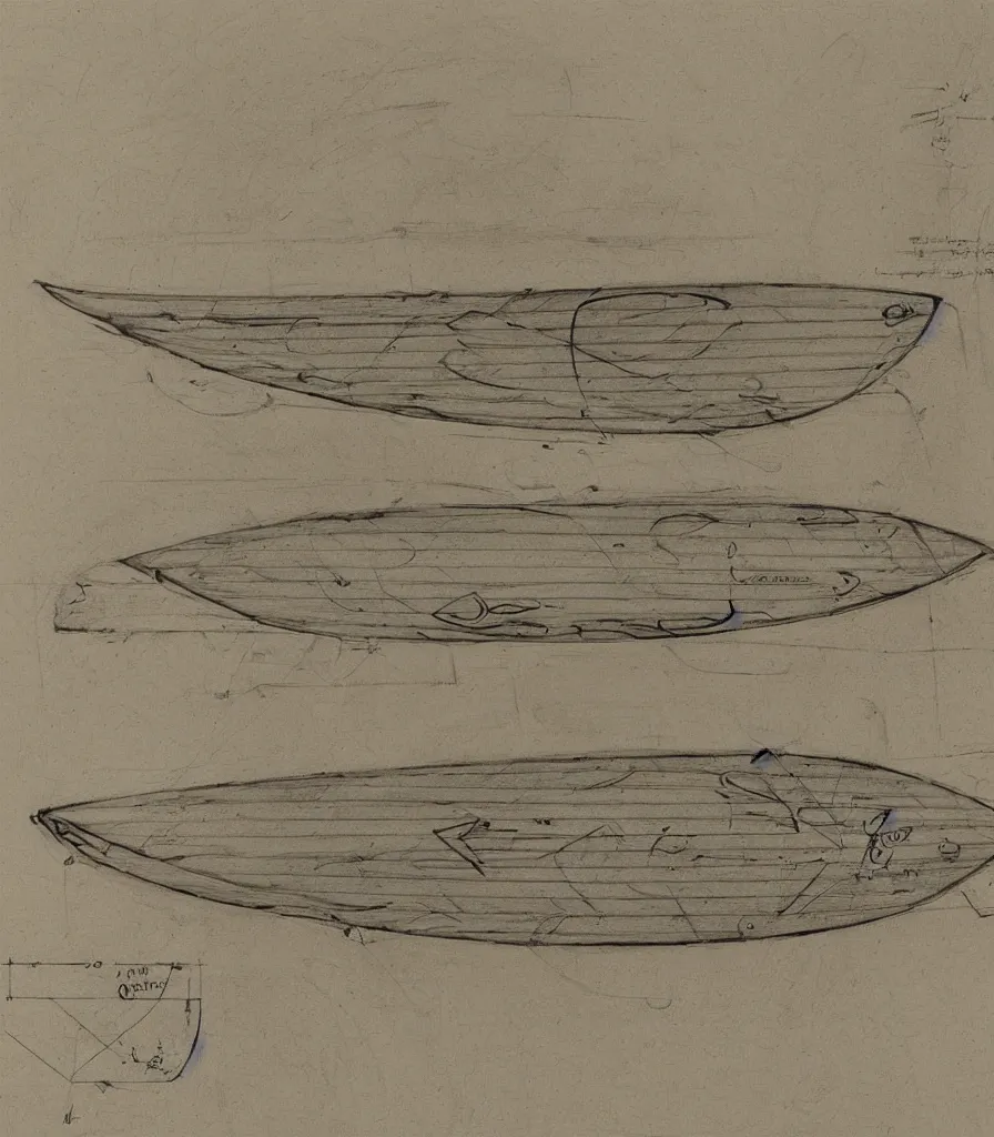 Image similar to blueprint sketch of a beautiful surfboard painted by leonardo da vinci, technical sketch, high detail, charocal drawing, firewire gofish, pukas surfboards, channel island surfboards