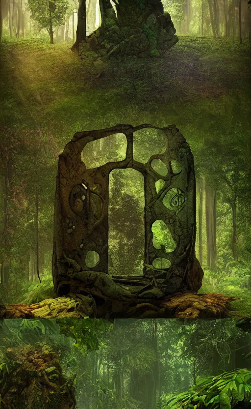 Prompt: the portal in the forest in the style of Roger Dean and beeple, 35mm, photo realistic, epic, cinematic