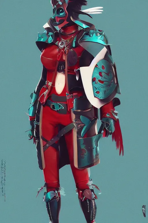 Image similar to female adventurer in tight full - body teal leather armor of japanese design with red accents and a white porcelain crow mask, trending in artstation, japanese, artstation, big moon in the background, establishing shot