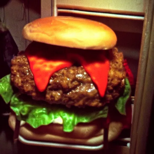 Image similar to grainy photo of a hamburger as a creepy monster in a closet, harsh flash