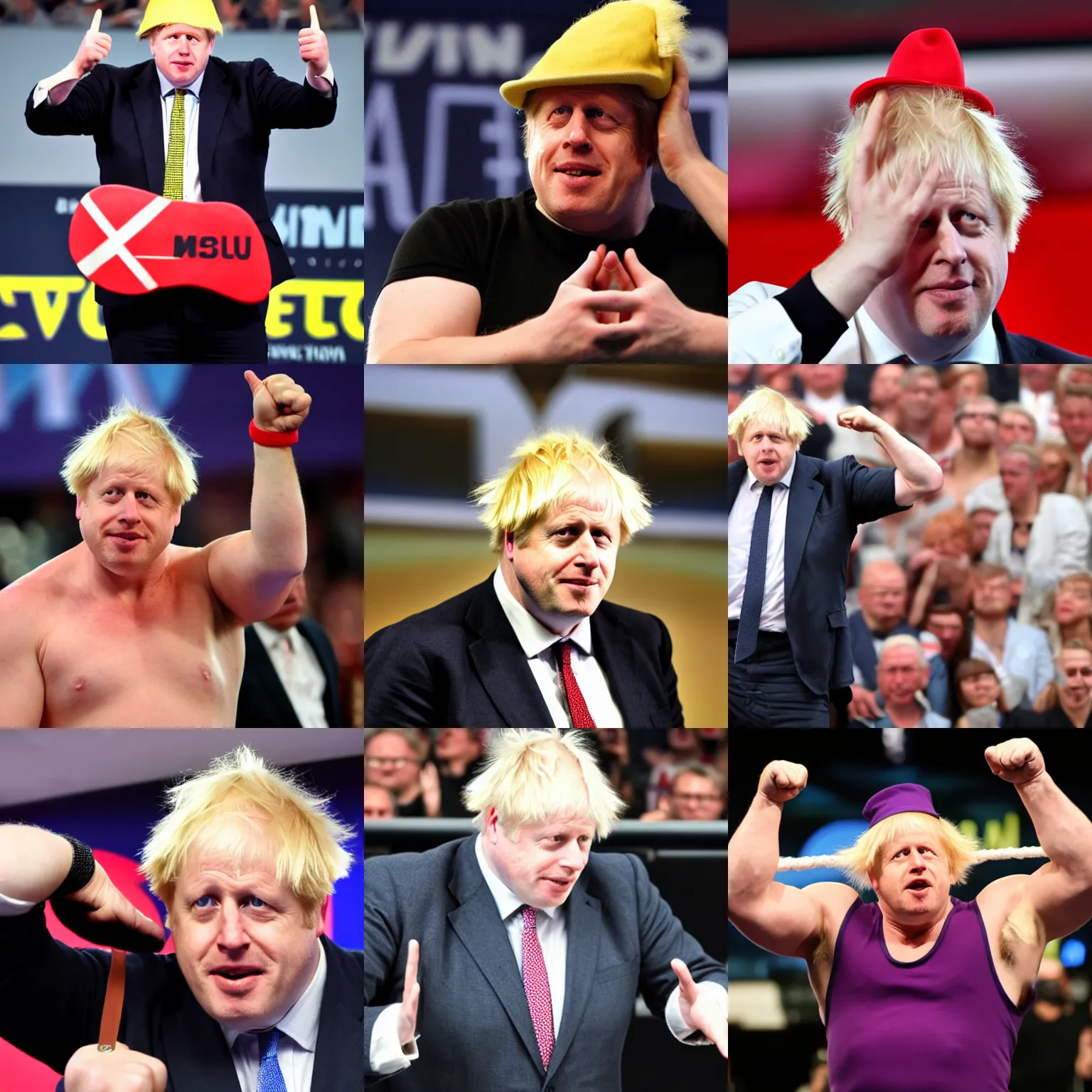 Prompt: boris johnson as a muscular wwe wrestler wearing a hat. he is trying to block the camera view with his hand