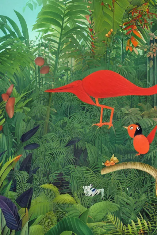 Image similar to rare bird in the jungle, hyper detailed, unreal engine render concept art, style of henri rousseau and richard scarry and hiroshi yoshida