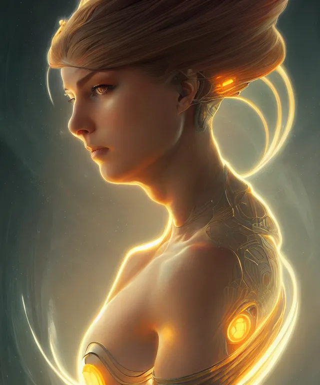 Image similar to futuristic woman portrait, sci - fi, amber eyes, face, long hair, fantasy, intricate, elegant, highly detailed, digital painting, artstation, concept art, smooth, sharp focus, illustration, art by artgerm and greg rutkowski and alphonse mucha