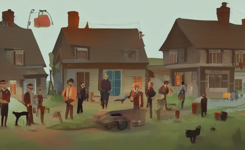 Prompt: a group of village farmers meet a local detective to outside his house, focus on the detective, james gilleard, print, game art