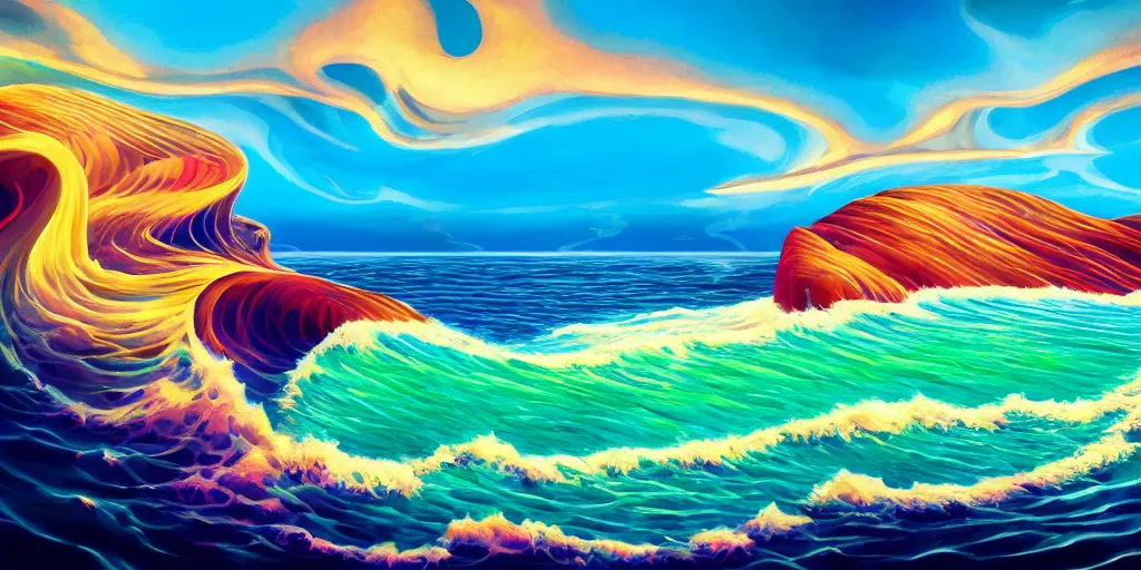 Prompt: A surrealist beach shaped like a singing mouth, the waves are made musical notes, one wave is shaped like the mouths tongue, Very colorful painting 8k trending on art station, Intricate details, very realistic, cinematic lighting, volumetric lighting,