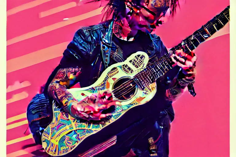 Image similar to 1 9 8 0 s punk rocker playing acoustic guitar, tristan eaton, victo ngai, artgerm, rhads, ross draws, intricated details, 3 / 4 view, full body portrait