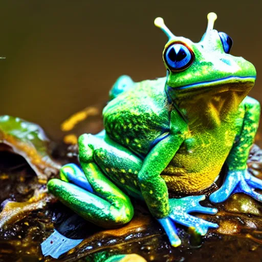 Prompt: a photorealistic frog king sitting on a throne, surrounded by frog servants next on the side of the pond.