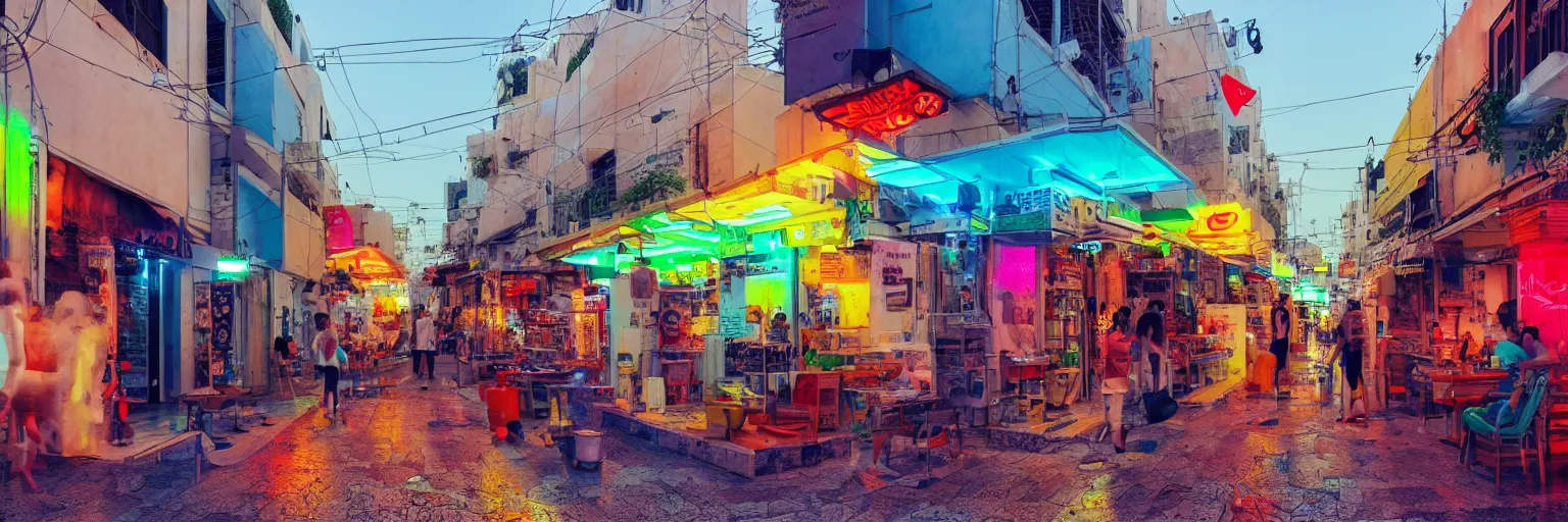 Image similar to the streets of tel aviv, israel, summer, morning, vivid colors, neon, art by gregory crewdson and artgerm and wlop and william - adolphe bouguereau