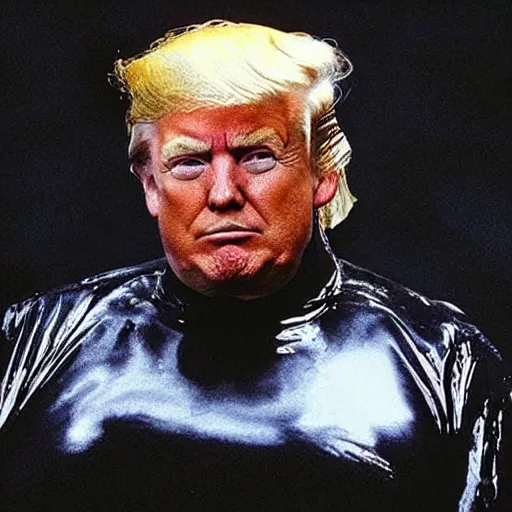 Prompt: donald trump's anguished face slowly lifting out of a pool of viscous black reflective oil, dressed as barron vladimir harkonnen from dune, futuristic, cinematic - n 4