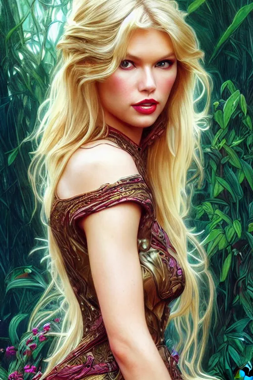 Image similar to a mix between claudia schiffer and taylor swift and britney spears and denise richards in wild things as a princess, fantasy, intricate, elegant, highly detailed, digital painting, artstation, concept art, matte, sharp focus, illustration, art by artgerm and greg rutkowski and alphonse mucha